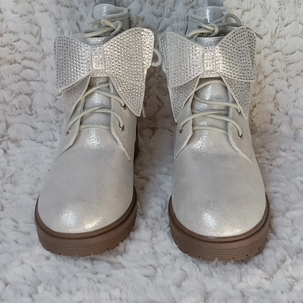 Girl's Glitter Ankle Combat boots  Rhinestone Bowtie Side Zipper Size 4